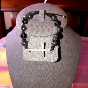 Hematite Beads Crystals Silver Cross Praying Braided Adjustable Bracelet
